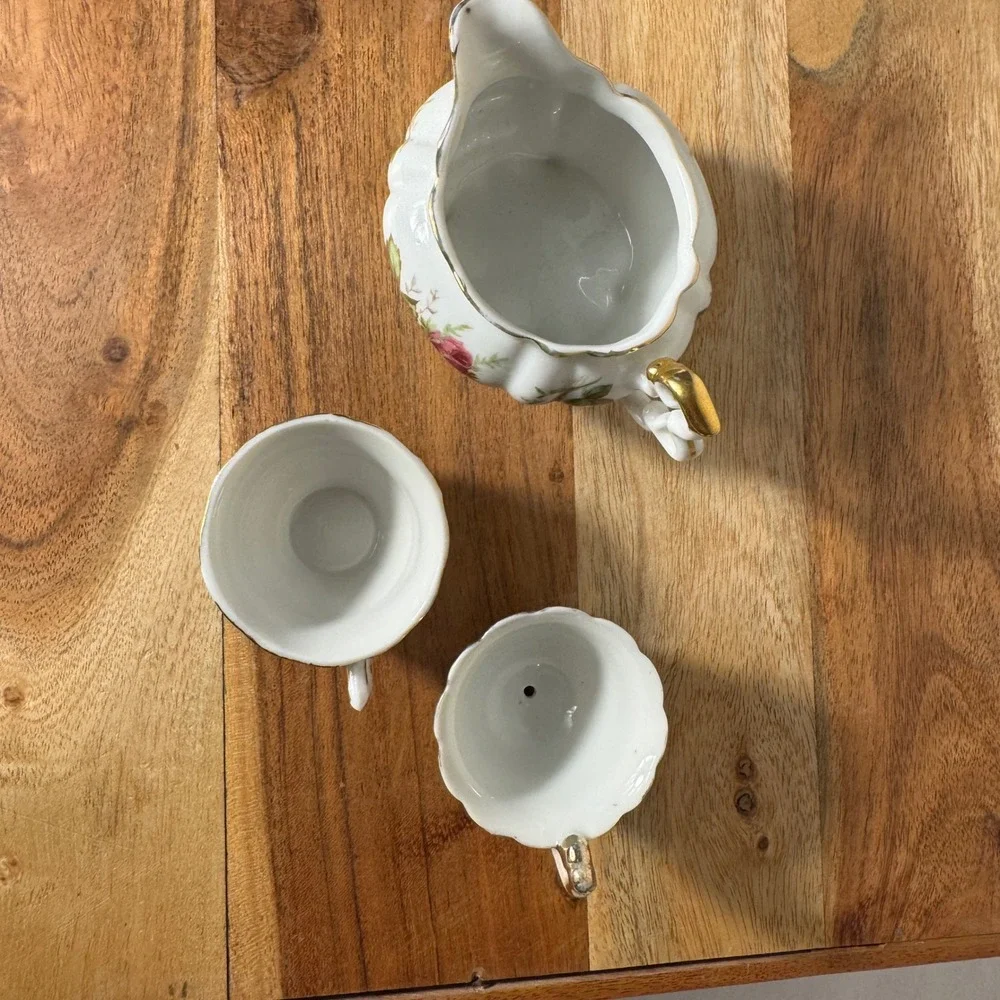Miniature Porcelain Tea Set Creamer Teacups White Pink Gold Floral Vintage 3pc